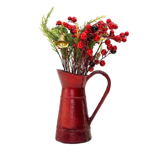 13&#x22; Red Berry &#x26; Foliage with Bell in Vintage Milk Jug